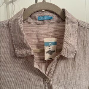 J. McLaughlin Britt Blouse 100% Linen in Tan/White Stripe NWT